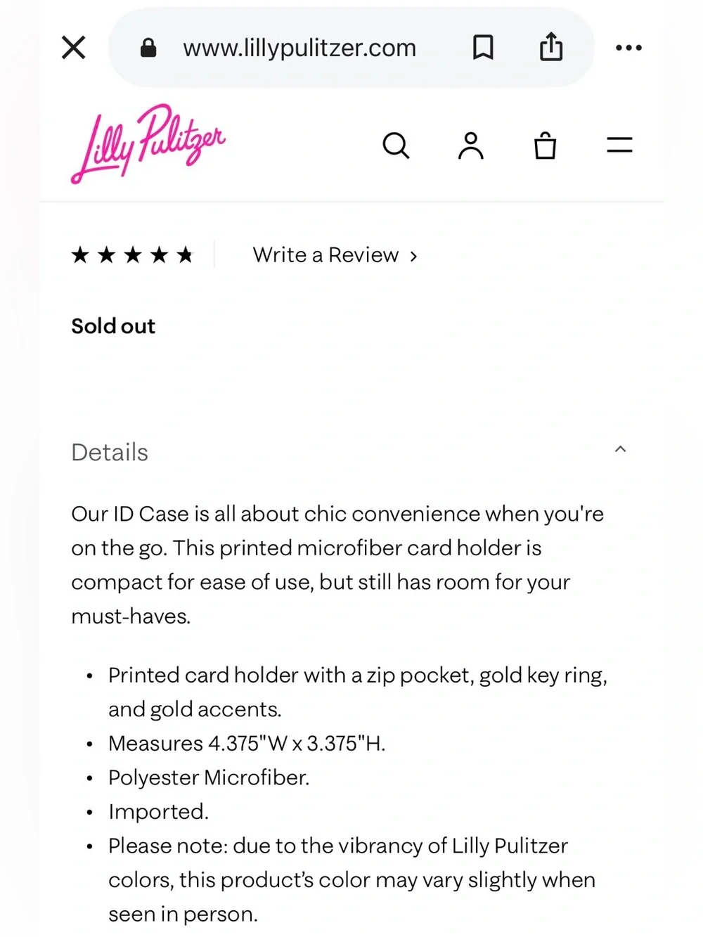 Lilly Pulitzer Pink to Lavender Ombre Card Pouch with Gold Accents